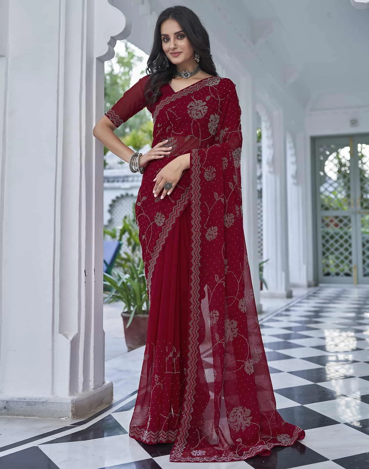 Red Swarovski Georgette Stone Work Saree