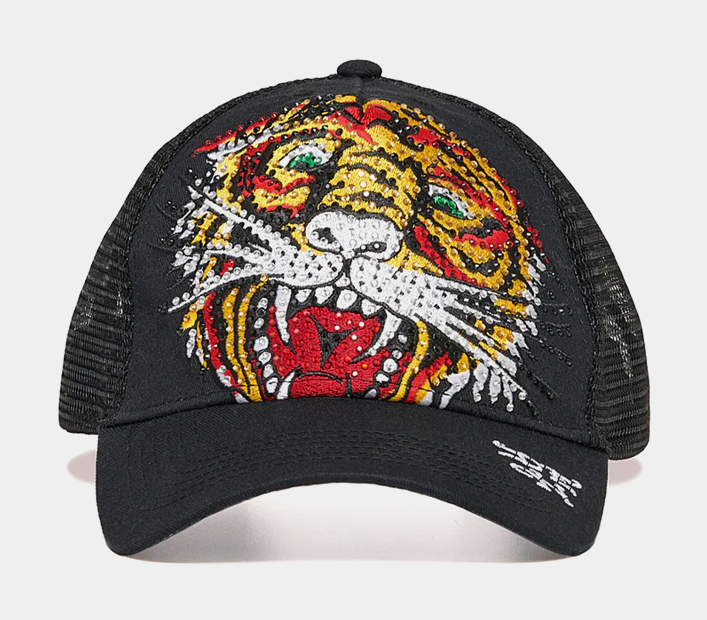 Rhinestone Tiger Trucker Mens Hat (Black/Yellow)