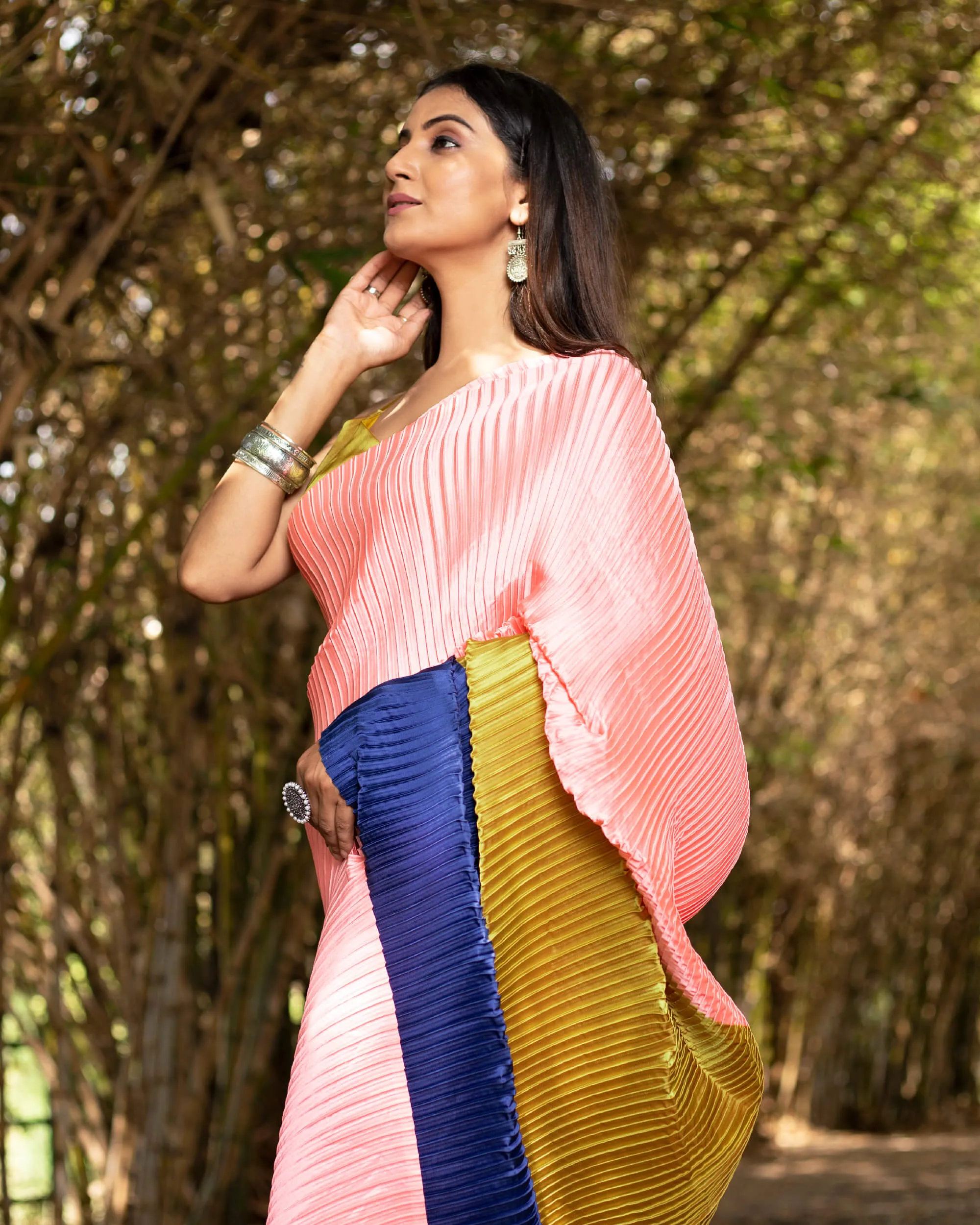 Salmon Pink And Golden Yellow Stripes Pattern Half Digital Print Japan Satin Pleated Saree