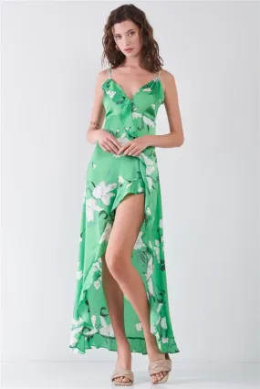 Satin Floral Print Side Slit Detail Maxi Dress