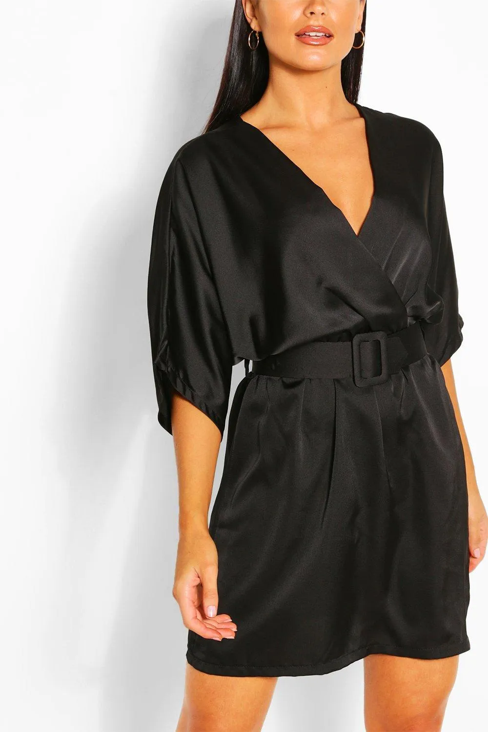 Satin Kimono Sleeve Belted Skater Dress