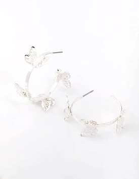 Silver Sandblast Butterfly Hoop Earrings