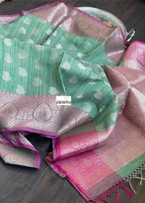 Soft Dupion Banaras Saree - Green Magenta