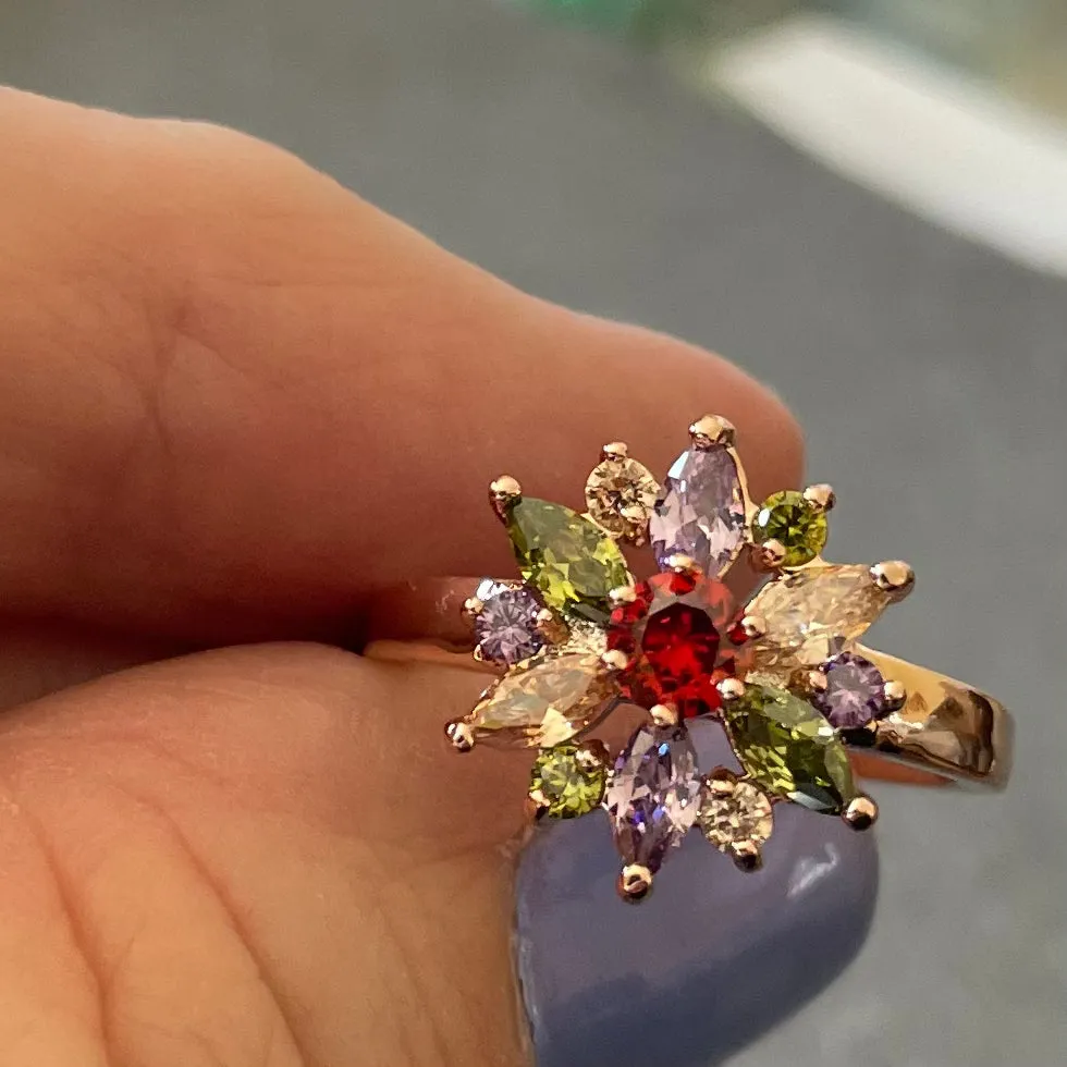 Starburst CZ Sapphire Look Rose gold plated fun ring