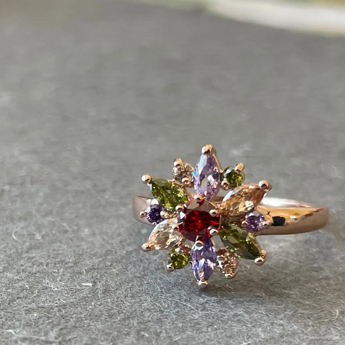 Starburst CZ Sapphire Look Rose gold plated fun ring