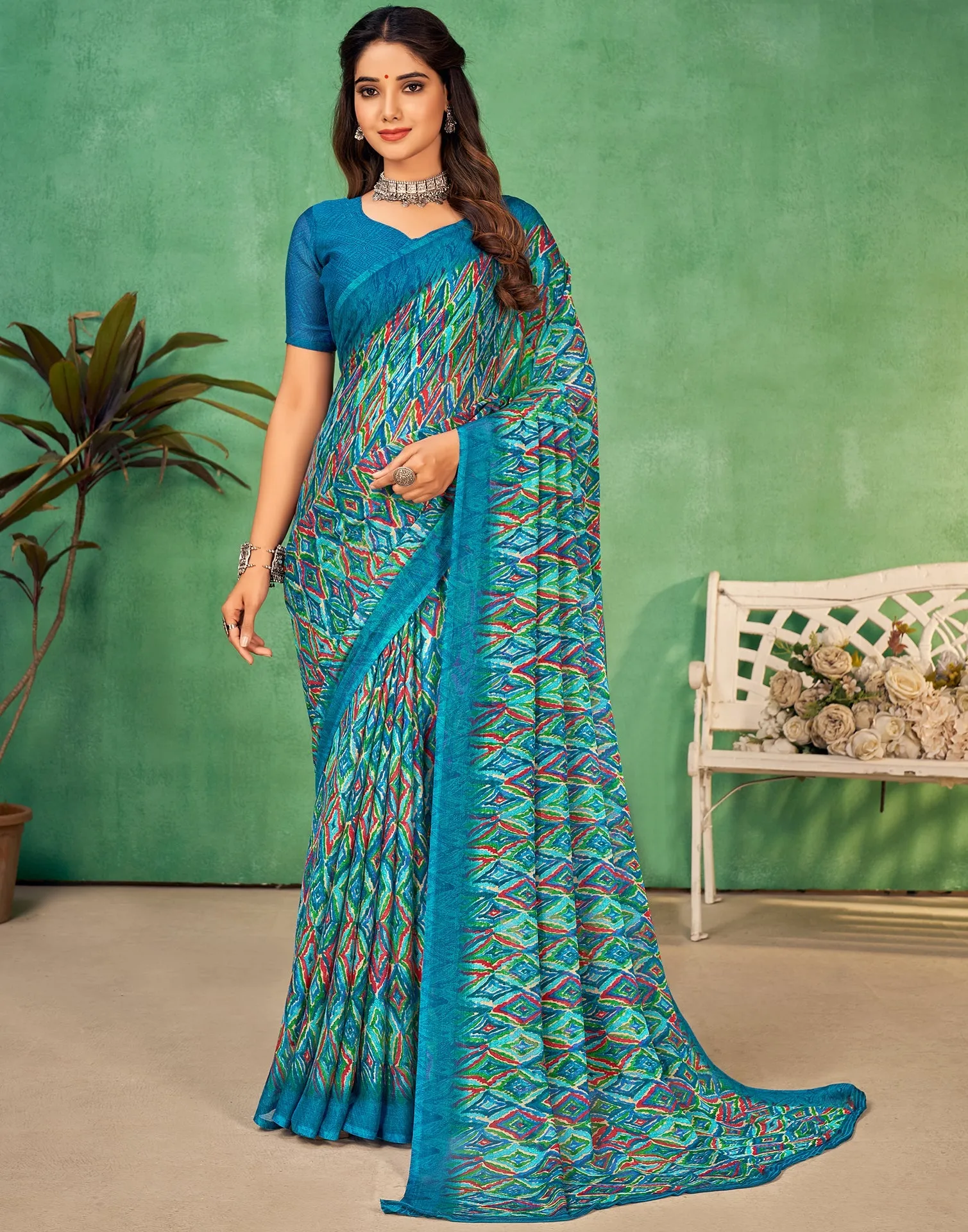 Teal Blue Chiffon Printed Saree