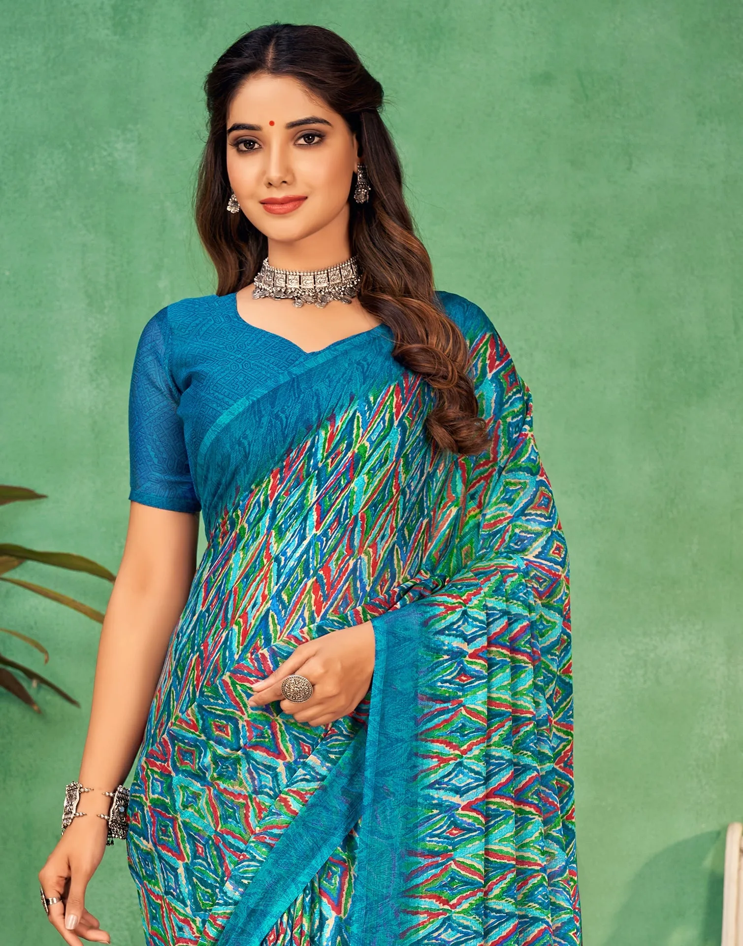 Teal Blue Chiffon Printed Saree