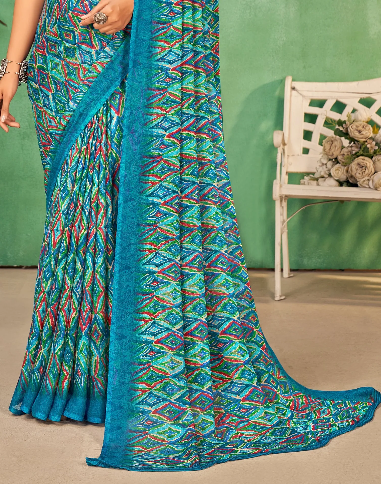 Teal Blue Chiffon Printed Saree