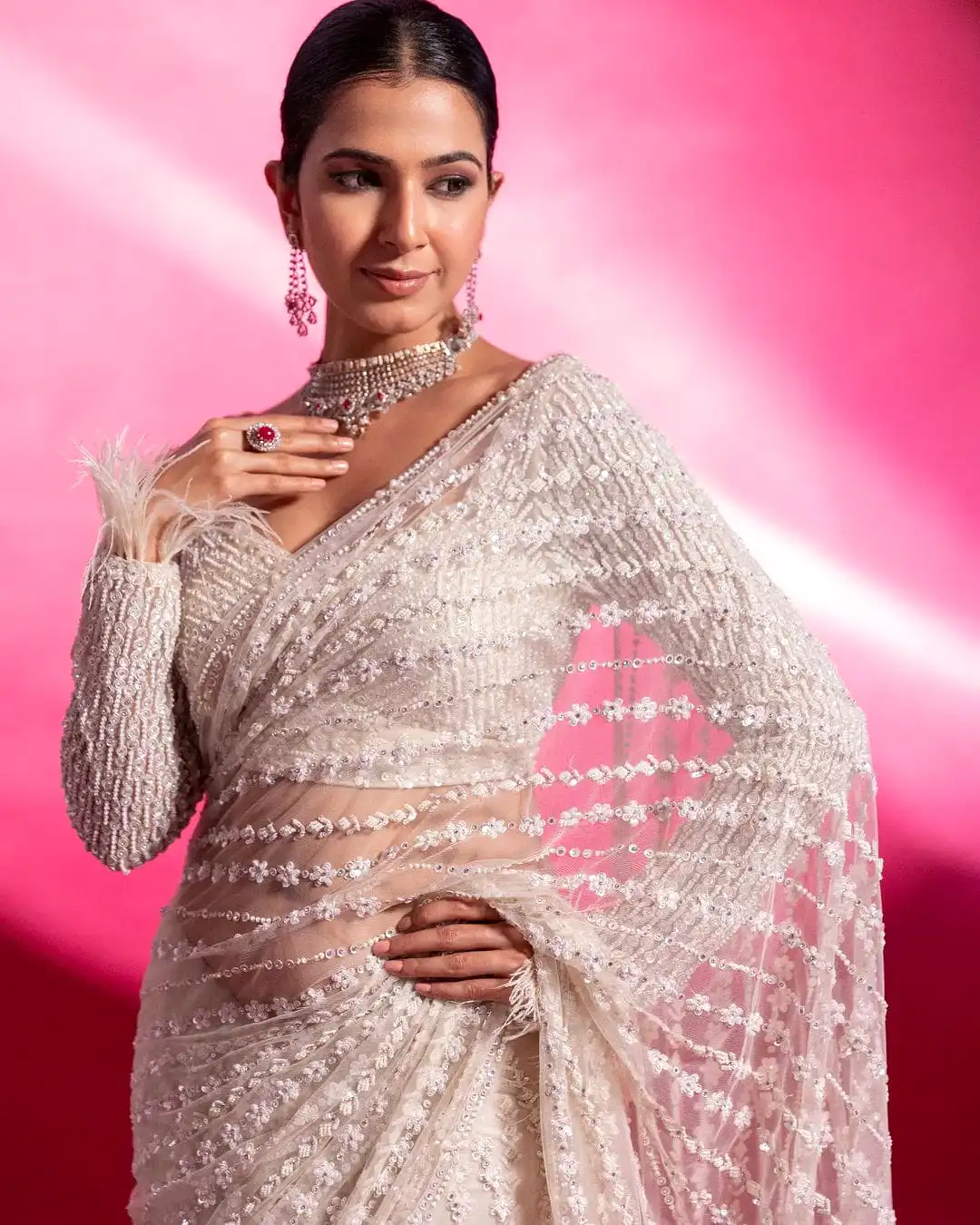 White  New Bollywood Block Buster Design  sequins Saree For Women-SS001RSW