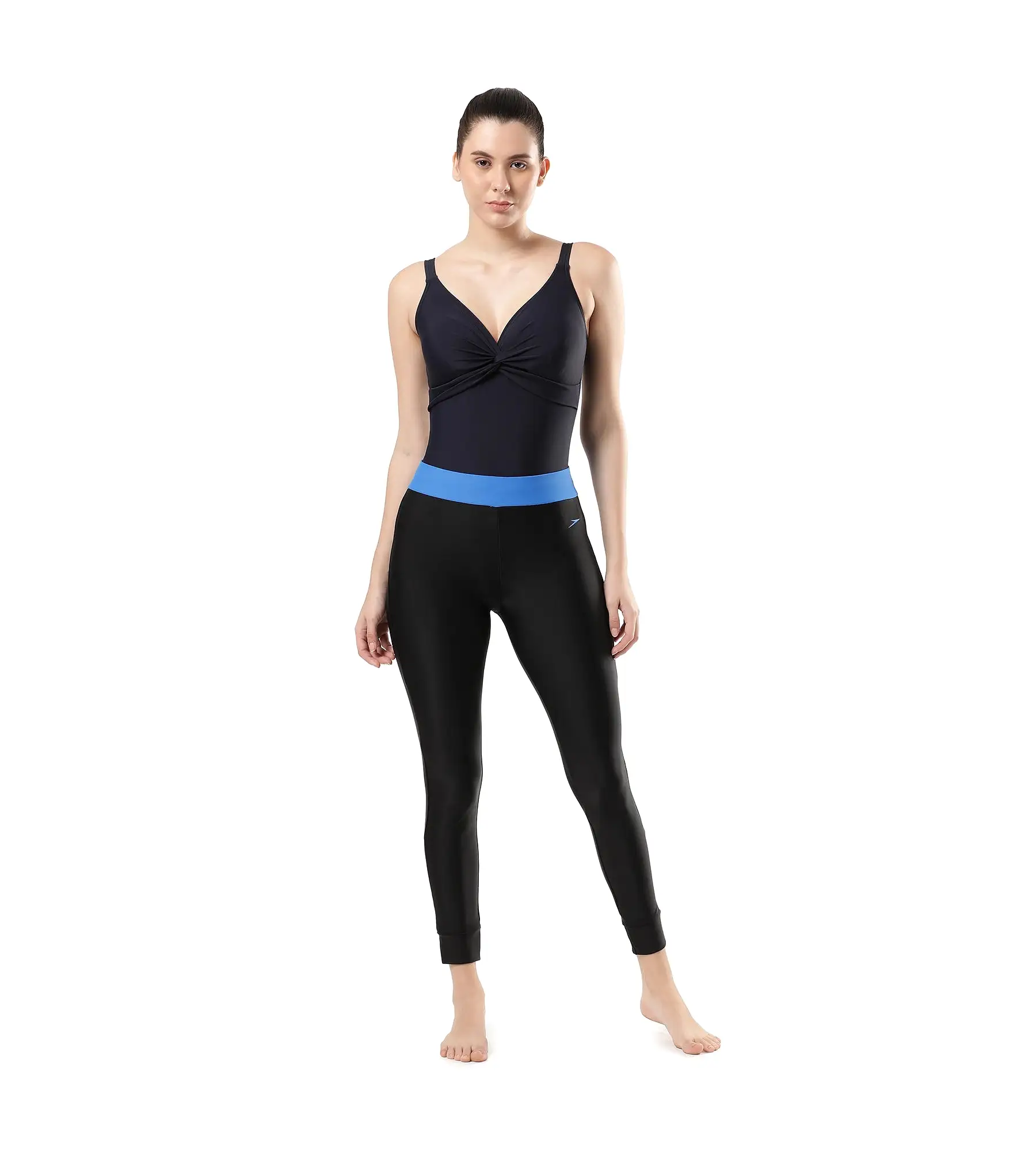 Women's Solid Contrast Leggings - Black & Bondi Blue