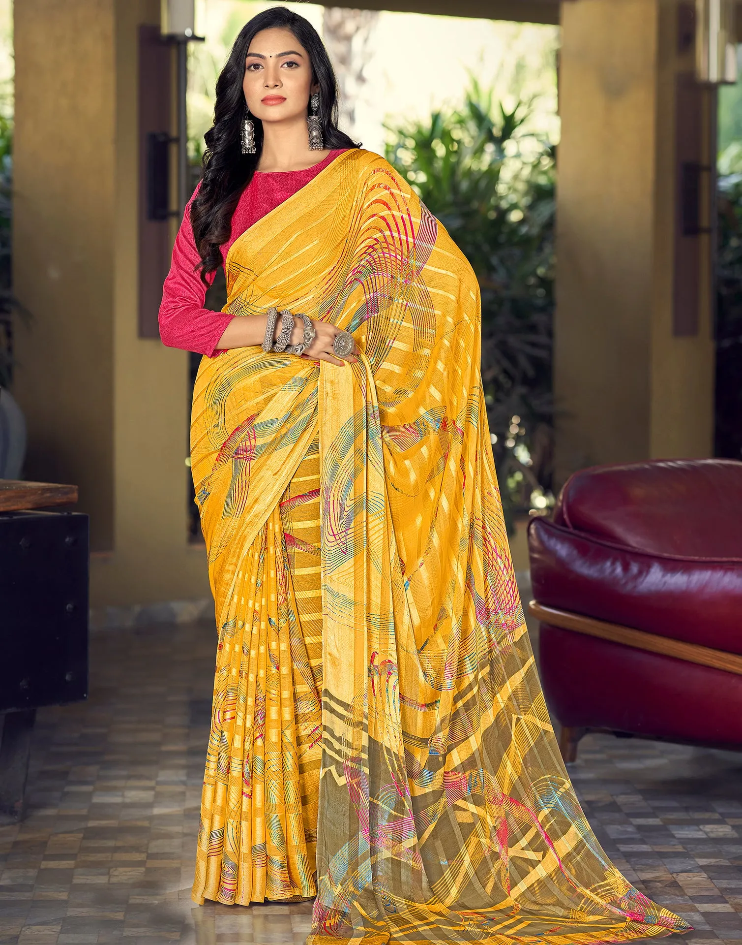 Yellow Printed Chiffon Saree