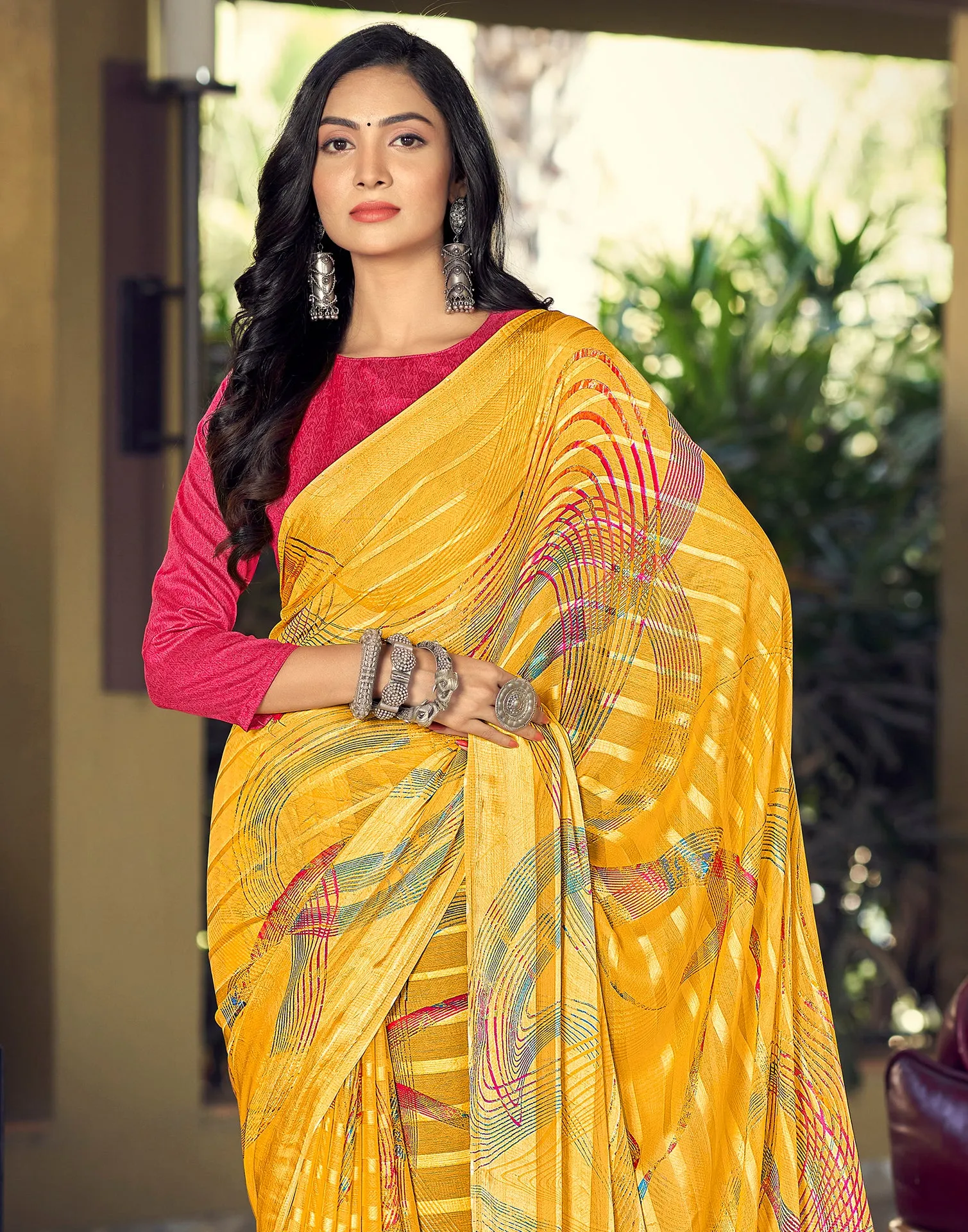 Yellow Printed Chiffon Saree