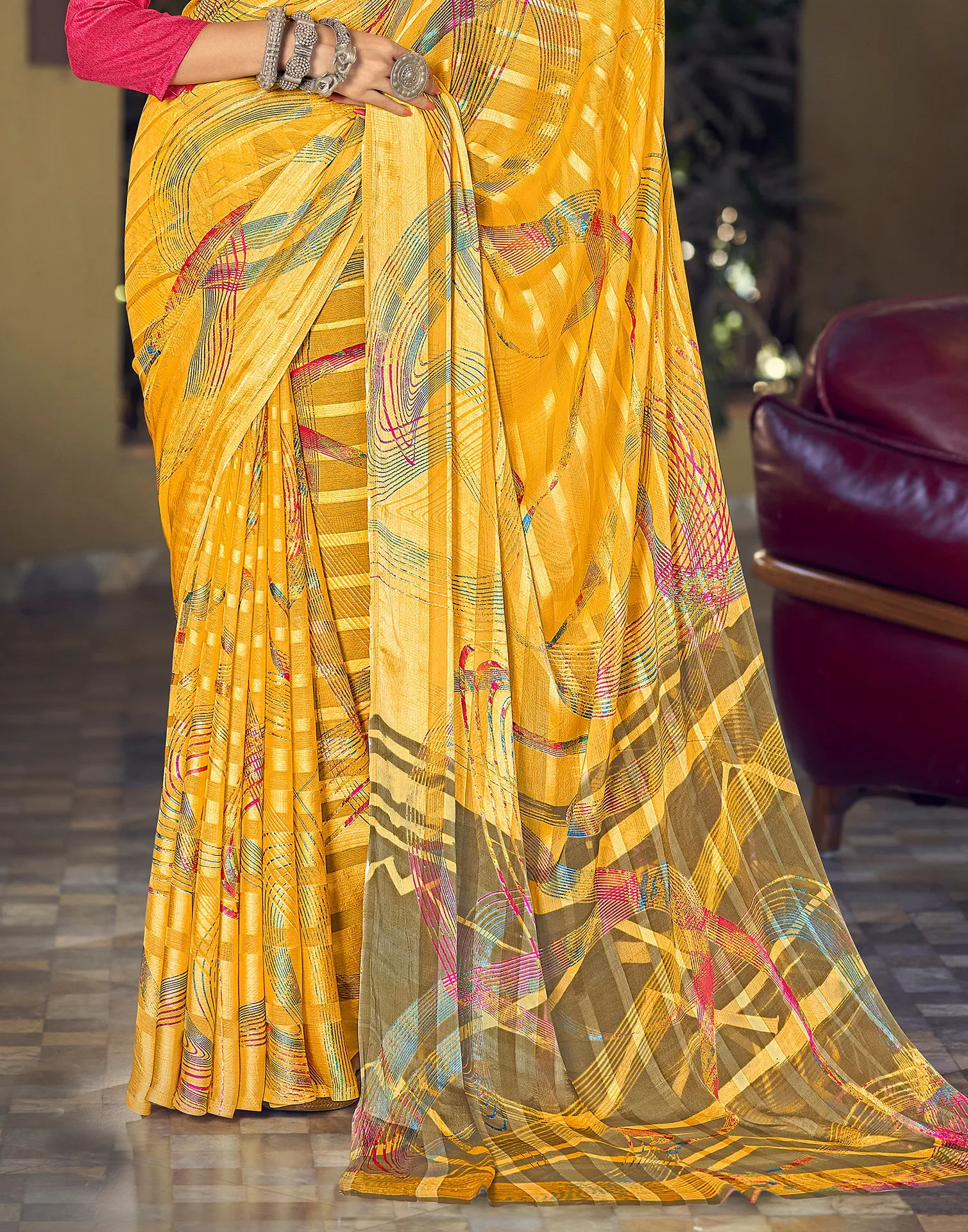 Yellow Printed Chiffon Saree