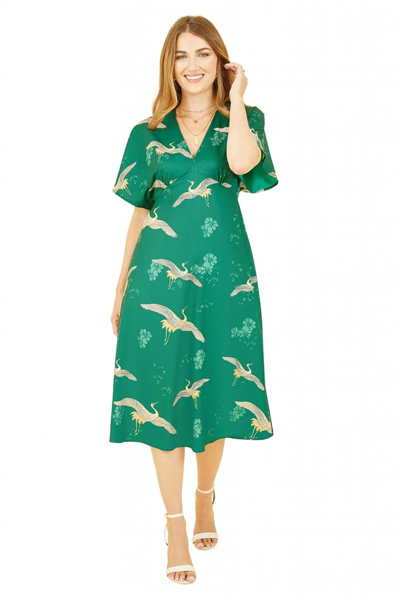 Yumi Green Crane Print Kimono Midi Dress